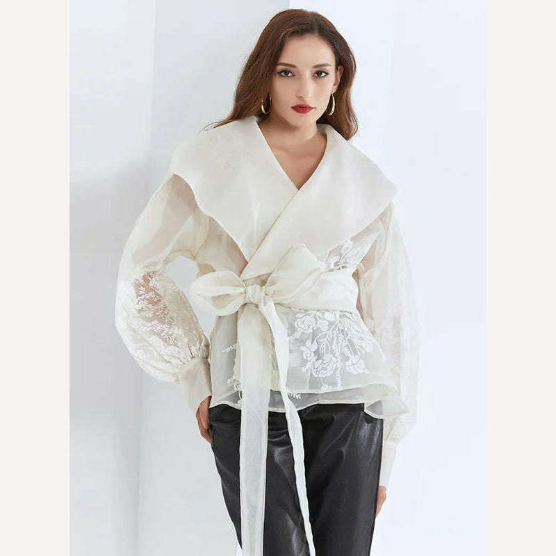 KIMLUD, VGH Vintage Print Embroidery Shirt For Women Lapel Long Sleeve Sashes Elegant Blouse Female Fashion New Clothing 2022 Spring, apricot / S, KIMLUD APPAREL - Womens Clothes