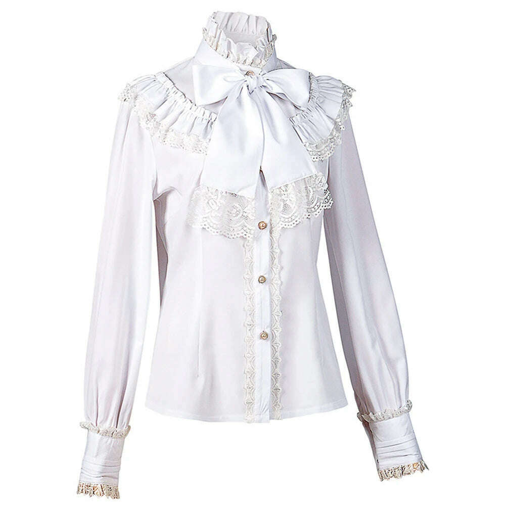 KIMLUD, Victorian Women's Ruched Lace Shirts And Blouses Gothic Lolita Vintage Long Sleeve Lotus Ruffle Solid Black White Tops Shirt, KIMLUD Womens Clothes