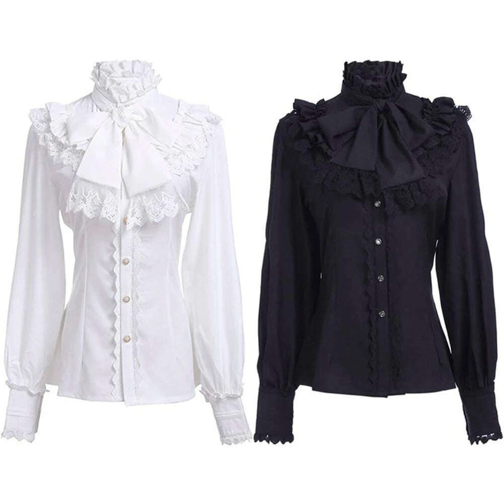 KIMLUD, Victorian Women's Ruched Lace Shirts And Blouses Gothic Lolita Vintage Long Sleeve Lotus Ruffle Solid Black White Tops Shirt, KIMLUD Womens Clothes