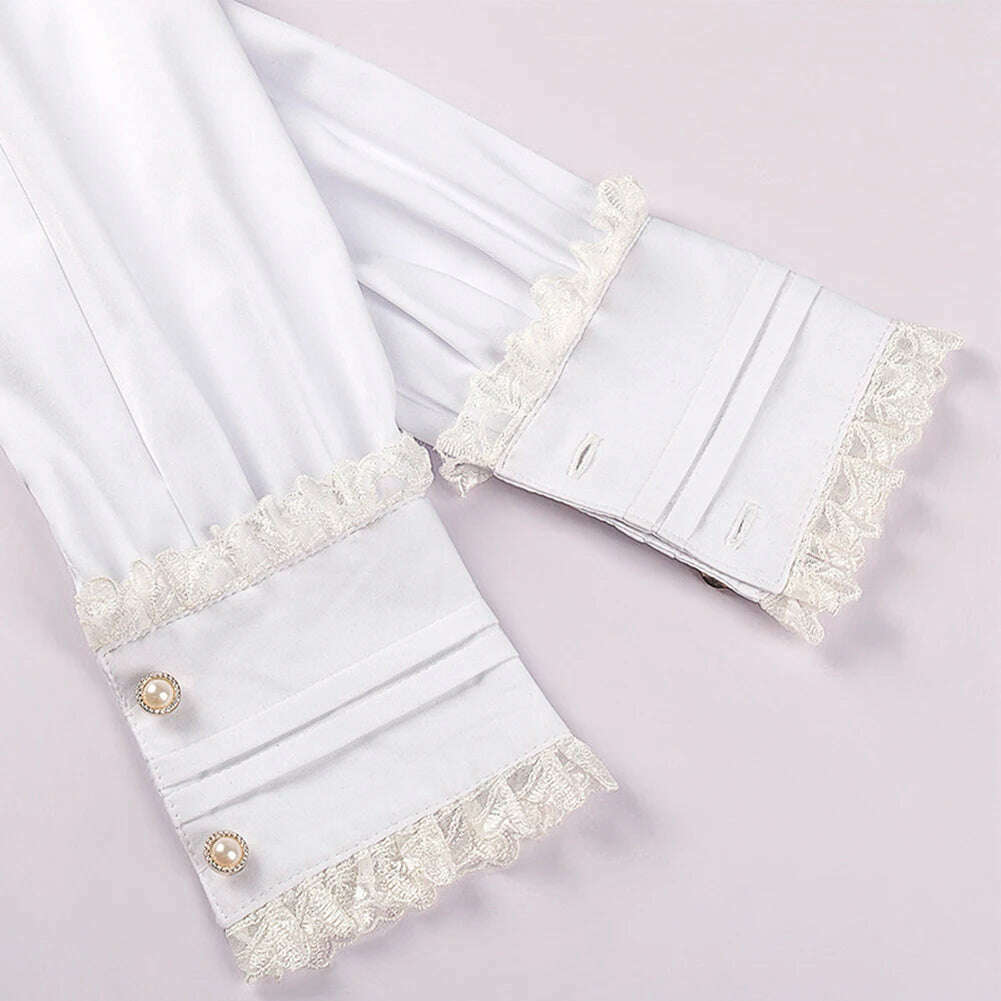 KIMLUD, Victorian Women's Ruched Lace Shirts And Blouses Gothic Lolita Vintage Long Sleeve Lotus Ruffle Solid Black White Tops Shirt, KIMLUD Womens Clothes