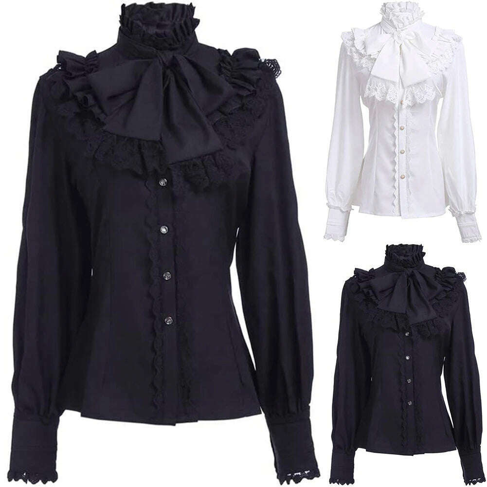 KIMLUD, Victorian Women's Ruched Lace Shirts And Blouses Gothic Lolita Vintage Long Sleeve Lotus Ruffle Solid Black White Tops Shirt, KIMLUD Womens Clothes