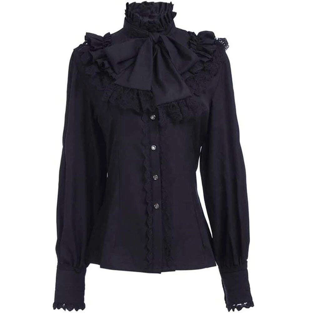 KIMLUD, Victorian Women's Ruched Lace Shirts And Blouses Gothic Lolita Vintage Long Sleeve Lotus Ruffle Solid Black White Tops Shirt, Black / M / CHINA, KIMLUD APPAREL - Womens Clothes