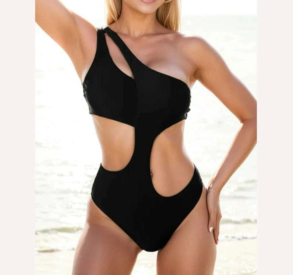 Vigoashely 2024 Sexy Solid Hollow One Shoulder Swimwear Women Push UP One Piece Swimsuit Monokini Backless Summer Bathing Suit - KIMLUD