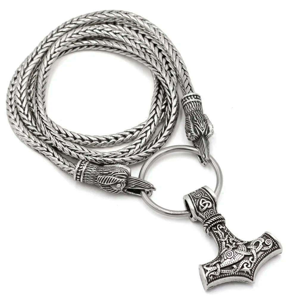 KIMLUD, Viking Cord Odin's Ravens Of Thor's Hammer Mjolnir Scandinavian Axe Wolf Pendant NECKLACE - Stainless chain, Bird metal Hammer / 70cm, KIMLUD APPAREL - Womens Clothes