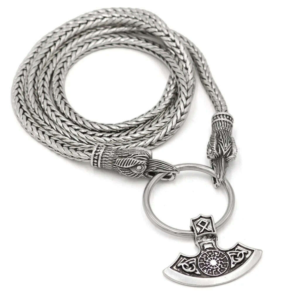KIMLUD, Viking Cord Odin's Ravens Of Thor's Hammer Mjolnir Scandinavian Axe Wolf Pendant NECKLACE - Stainless chain, Bird Metal Axe / 70cm, KIMLUD APPAREL - Womens Clothes