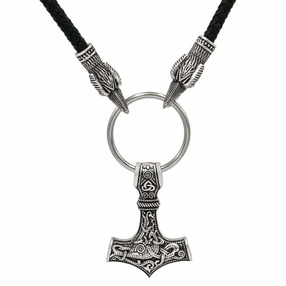 KIMLUD, Viking Cord Odin's Ravens Of Thor's Hammer Mjolnir Scandinavian Axe Wolf Pendant NECKLACE - Stainless chain, Silver Plated / 70cm, KIMLUD APPAREL - Womens Clothes