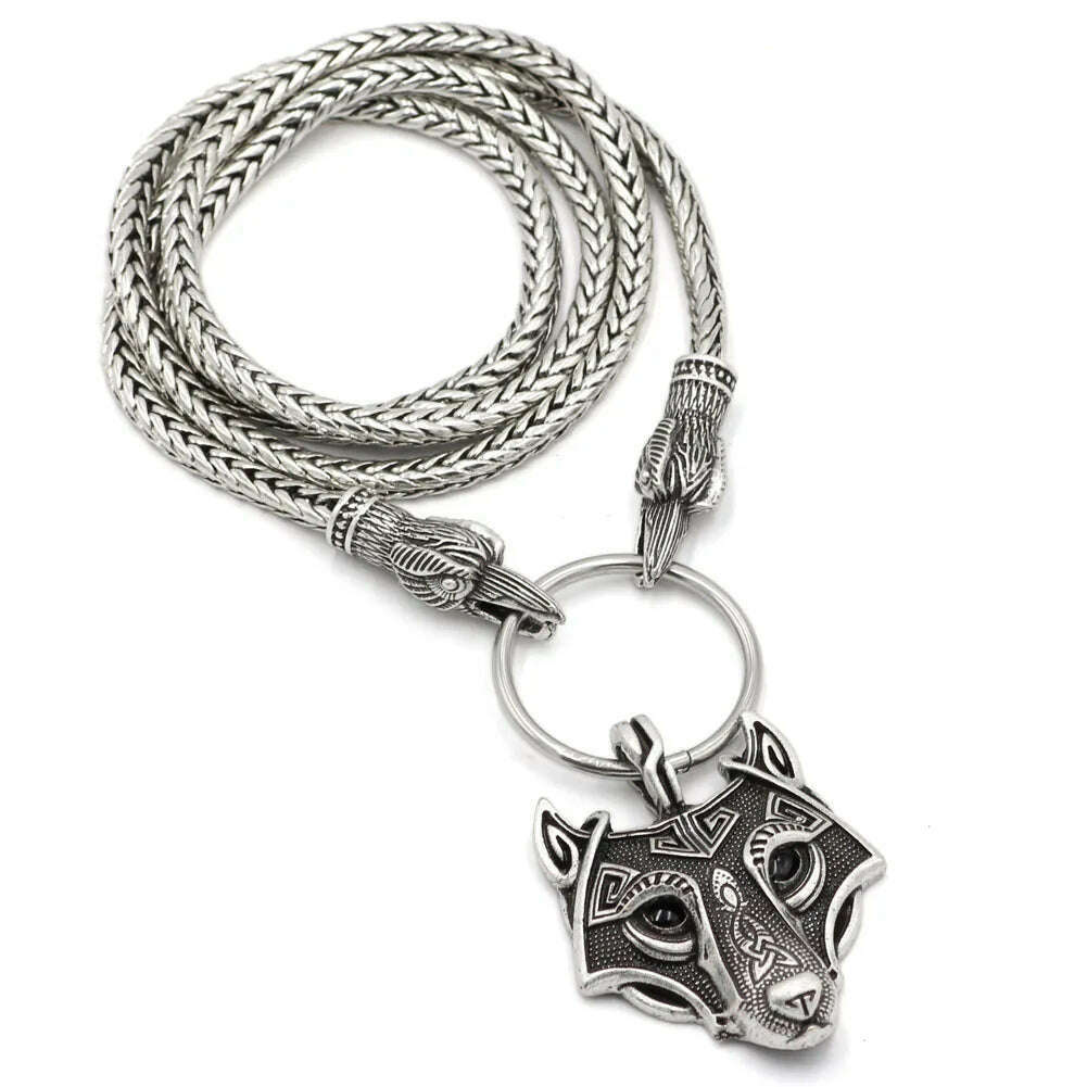 KIMLUD, Viking Cord Odin's Ravens Of Thor's Hammer Mjolnir Scandinavian Axe Wolf Pendant NECKLACE - Stainless chain, Bird metal Wolf / 70cm, KIMLUD APPAREL - Womens Clothes