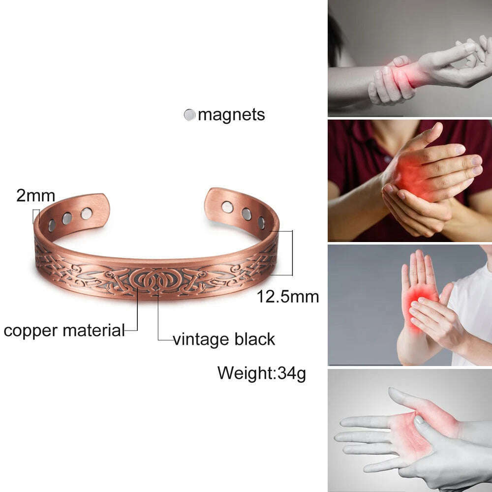 Viking Pure Copper Bracelet Men Energy Magnetic Adjustable Cuff Bracelet Femme Dragon Viking Wide Bracelets Bangles For Women - KIMLUD