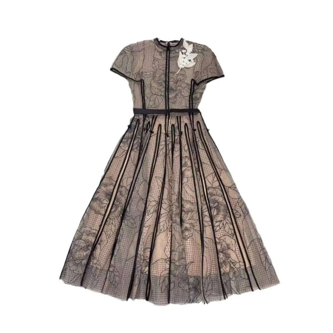 KIMLUD, Vintage 3D Flower Embroidery Mesh Lace Long Dress Women Summer Celebrity Perspective Elegant Pleated Short Sleeve Vestidos G376, black / L, KIMLUD APPAREL - Womens Clothes
