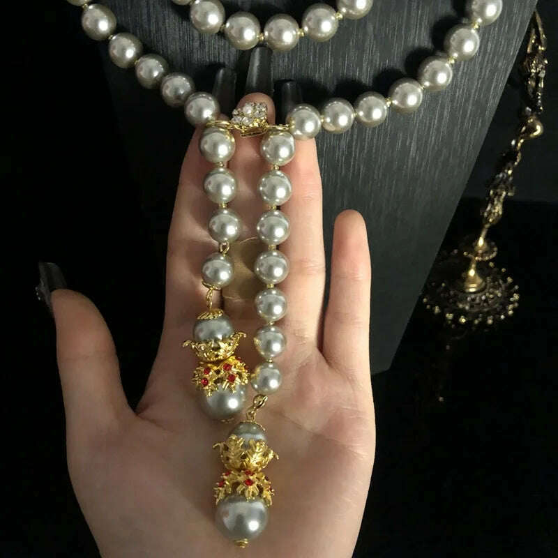 KIMLUD, vintage Baroque necklaces Exaggerate with a glazed pearl ultra long necklace sweater chain, KIMLUD Womens Clothes