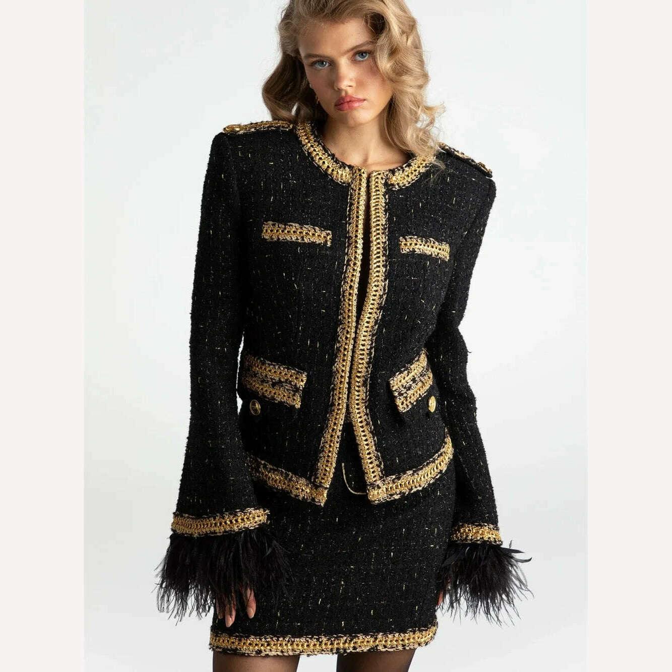 KIMLUD, Vintage black gold feather braid set 2023 autumn and winter new epaulette gold wire small fragrant wind old money wind coat shor, KIMLUD Womens Clothes