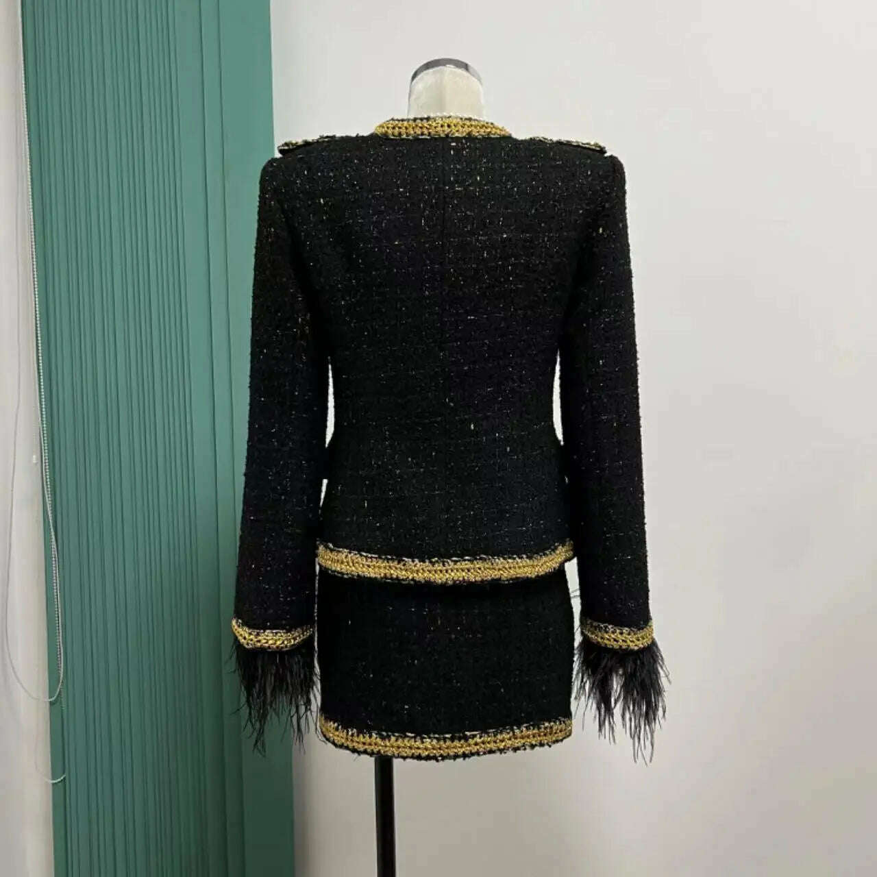 KIMLUD, Vintage black gold feather braid set 2023 autumn and winter new epaulette gold wire small fragrant wind old money wind coat shor, KIMLUD Womens Clothes