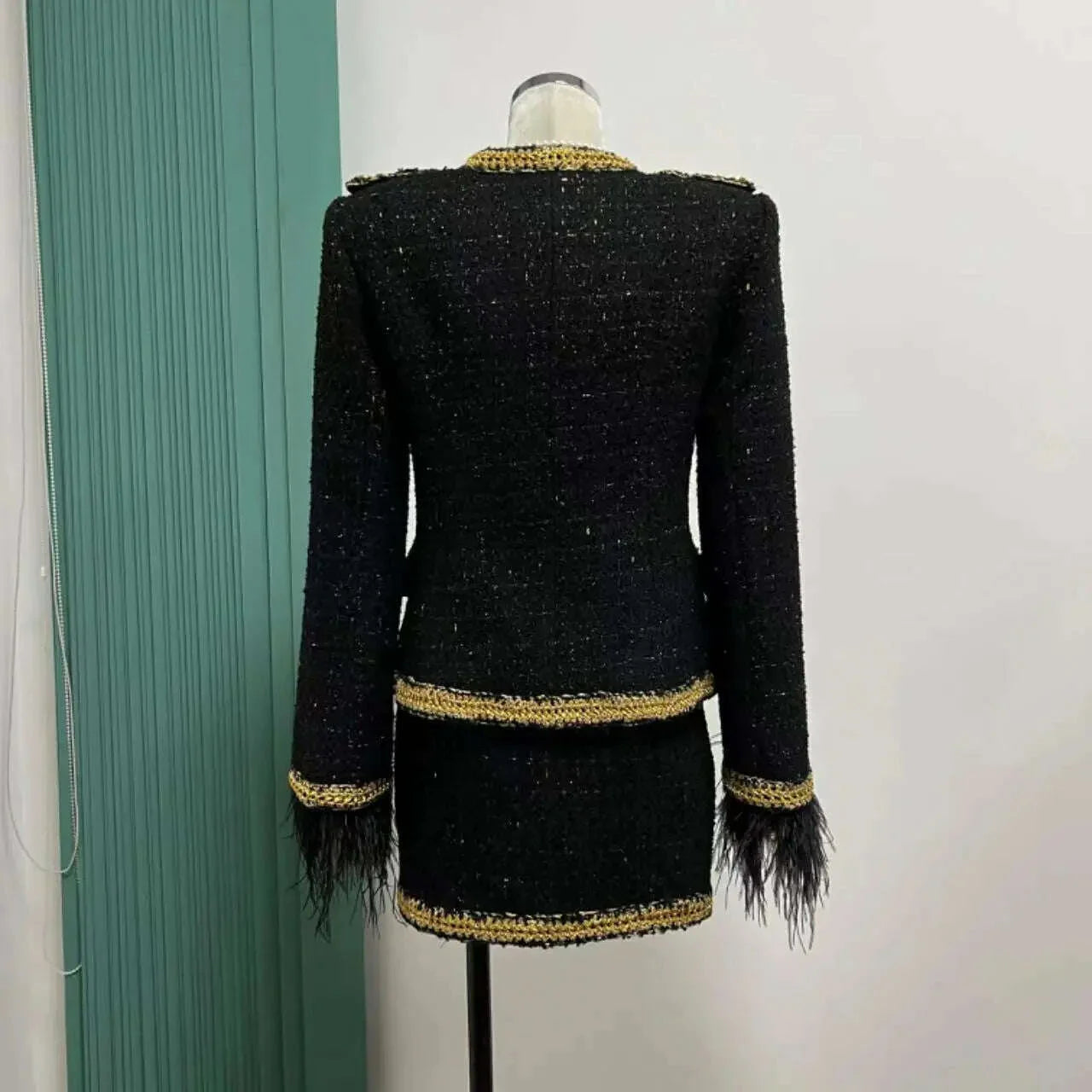 KIMLUD, Vintage black gold feather braid set 2023 autumn and winter new epaulette gold wire small fragrant wind old money wind coat shor, KIMLUD Womens Clothes