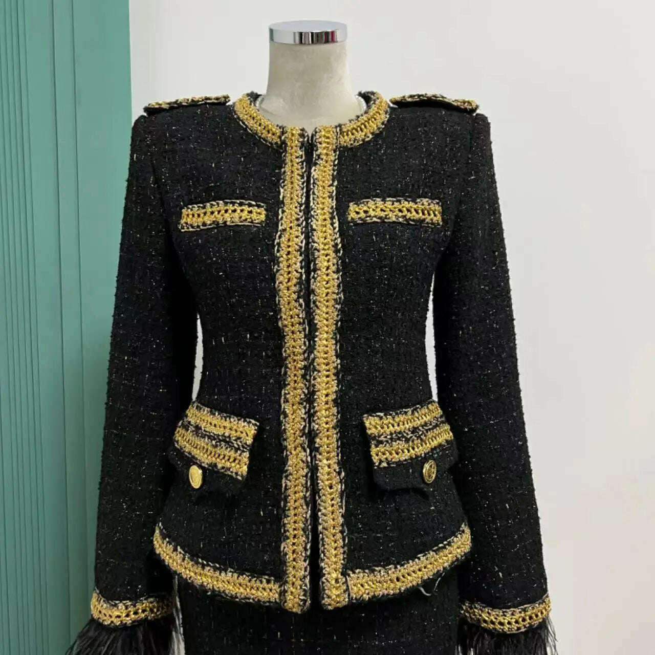 KIMLUD, Vintage black gold feather braid set 2023 autumn and winter new epaulette gold wire small fragrant wind old money wind coat shor, KIMLUD Womens Clothes