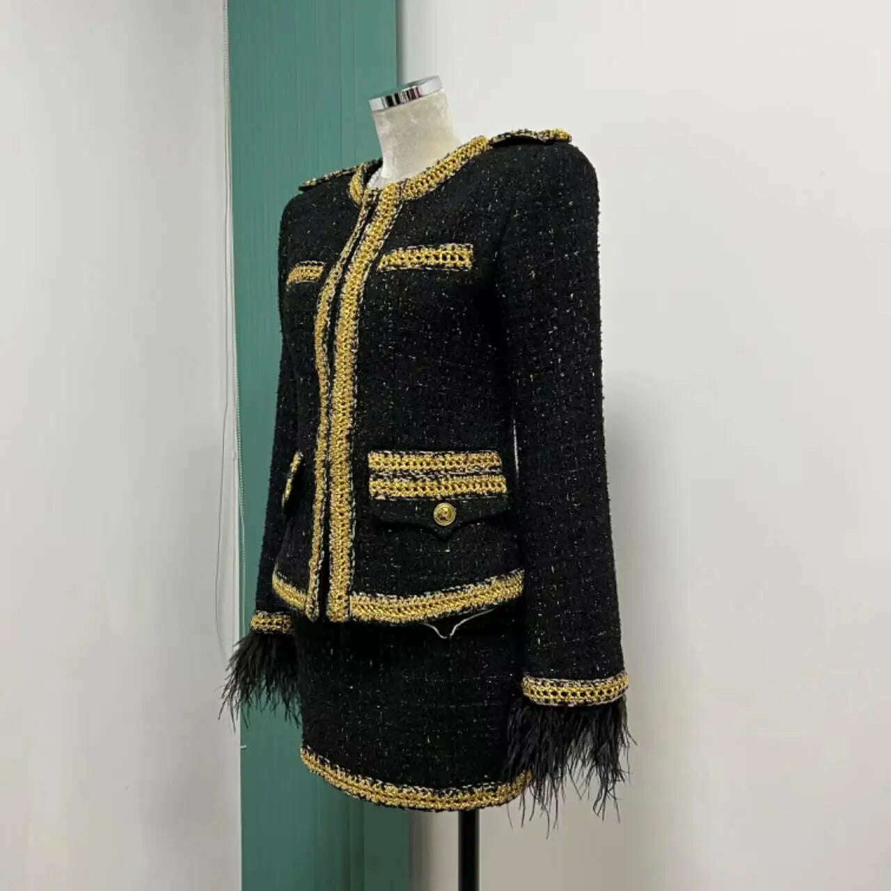 KIMLUD, Vintage black gold feather braid set 2023 autumn and winter new epaulette gold wire small fragrant wind old money wind coat shor, KIMLUD Womens Clothes