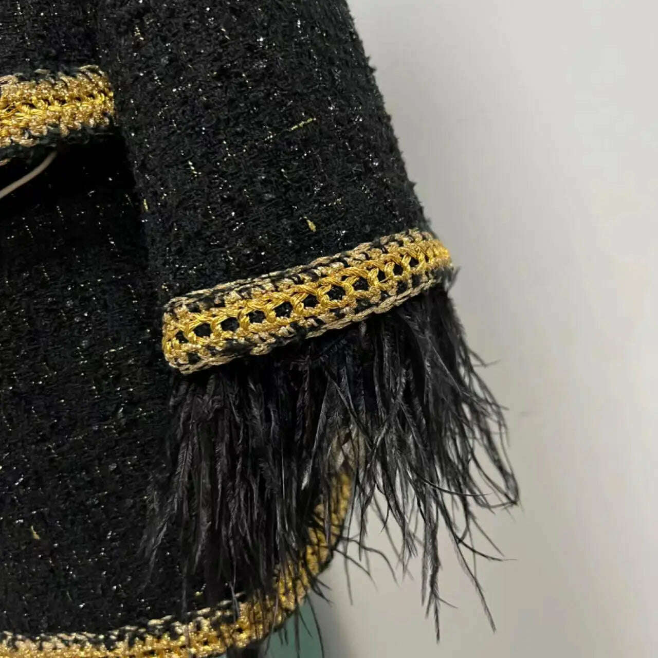 KIMLUD, Vintage black gold feather braid set 2023 autumn and winter new epaulette gold wire small fragrant wind old money wind coat shor, KIMLUD Womens Clothes