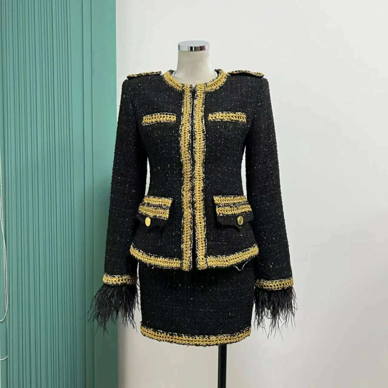 KIMLUD, Vintage black gold feather braid set 2023 autumn and winter new epaulette gold wire small fragrant wind old money wind coat shor, KIMLUD Womens Clothes