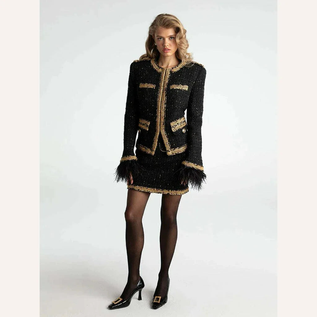 KIMLUD, Vintage black gold feather braid set 2023 autumn and winter new epaulette gold wire small fragrant wind old money wind coat shor, KIMLUD Womens Clothes