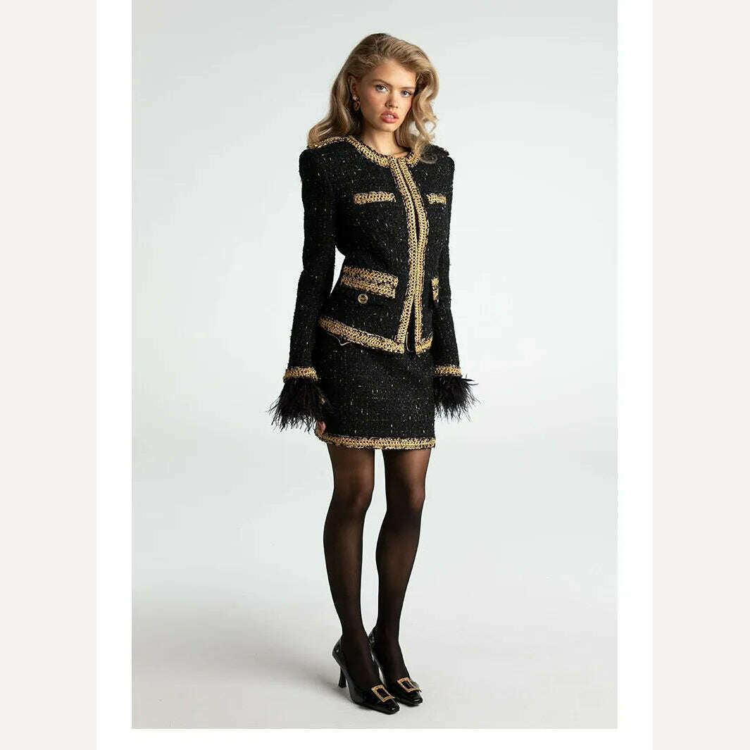 KIMLUD, Vintage black gold feather braid set 2023 autumn and winter new epaulette gold wire small fragrant wind old money wind coat shor, KIMLUD Womens Clothes