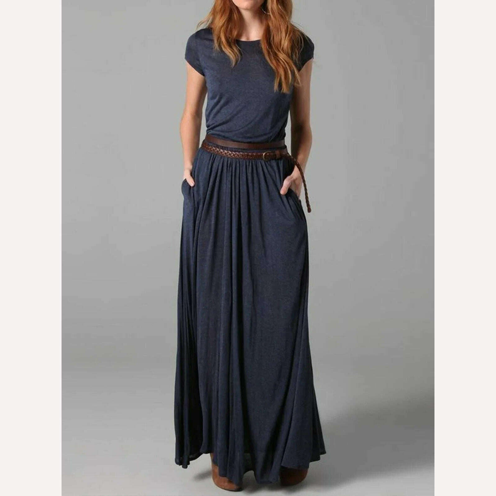 Vintage Black Round Neck Dress Short Sleeve Minimalist Casual Slim Retro Summer Female Pockets Ruched Pleated Long Dress 2024 - KIMLUD