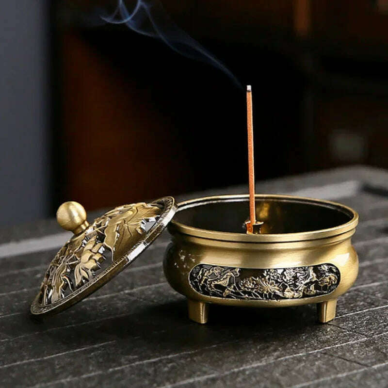 Vintage Brass Lotus Incense Burner Metal Buddhism Buddha Holder Hollow Out Copper Three Legged Sandalwood Censer Home Decoration - KIMLUD