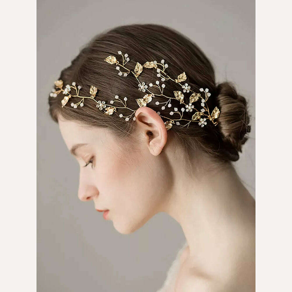 KIMLUD, Vintage Bridal Hair Accessories Gold Rhinestones Flower And Leaves Handmade Headband Bridal Headpiece Wedding Hair Accessories, KIMLUD Women's Clothes