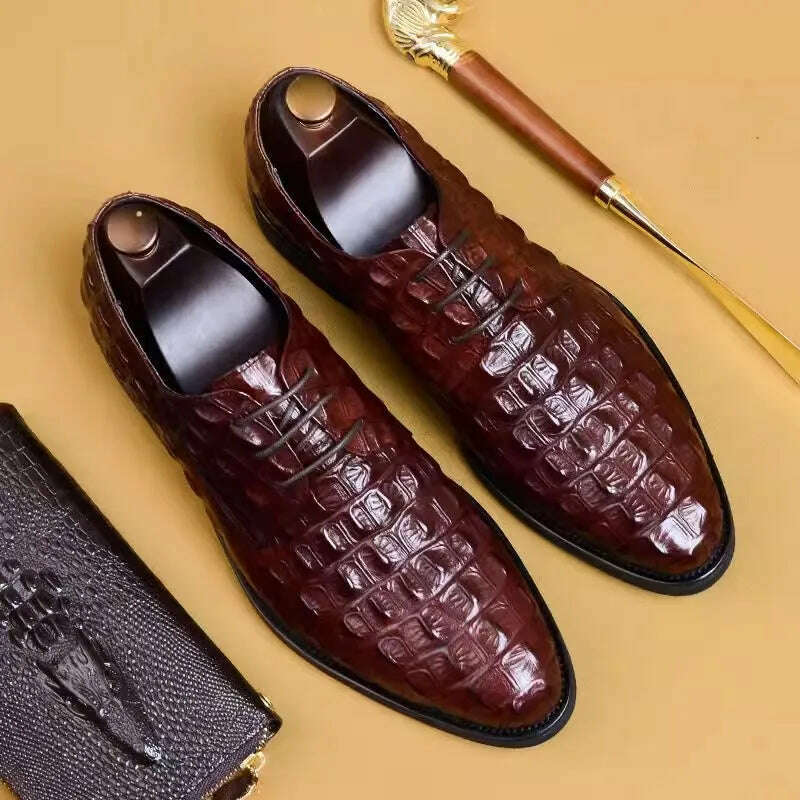 KIMLUD, Vintage Business Oxfords for Men Crocodile Print Pointed Toe Lace-Up Leisure Flats Soft Bottom Male Footwear Leather Shoes, 1 / 39, KIMLUD APPAREL - Womens Clothes