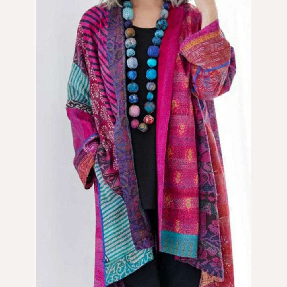 KIMLUD, Vintage Cotton Linen Loose Ethnic Style Print Knitted Cardigan Large Size Long Sleeve Coat Autumn Retro Women's Sweater 2024, Rose Red / S / CHINA, KIMLUD APPAREL - Womens Clothes