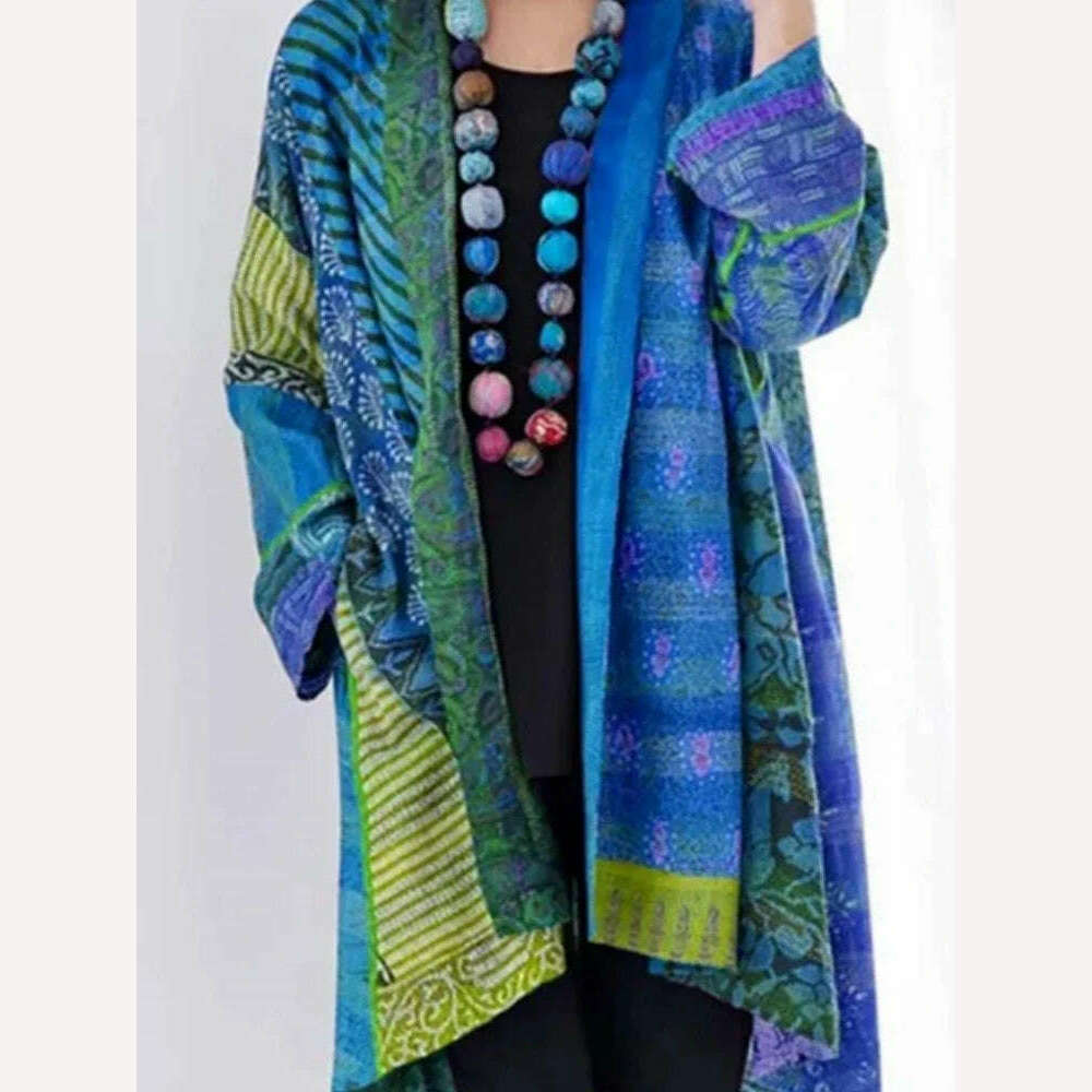 KIMLUD, Vintage Cotton Linen Loose Ethnic Style Print Knitted Cardigan Large Size Long Sleeve Coat Autumn Retro Women's Sweater 2024, Blue / XXL / CHINA, KIMLUD APPAREL - Womens Clothes
