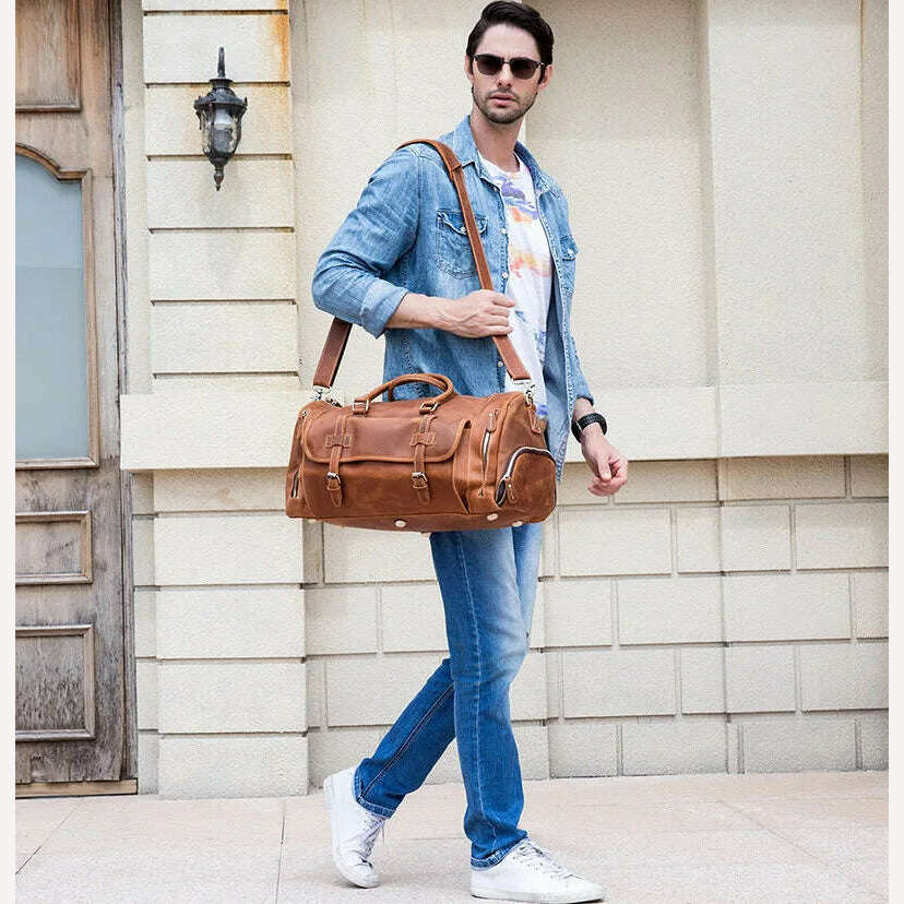 Vintage Crazy Horse leather Travel Bag With Shoe Pocket 20 inch big capacity Real Leather Weekend luuage Bag large Messenger Bag - KIMLUD