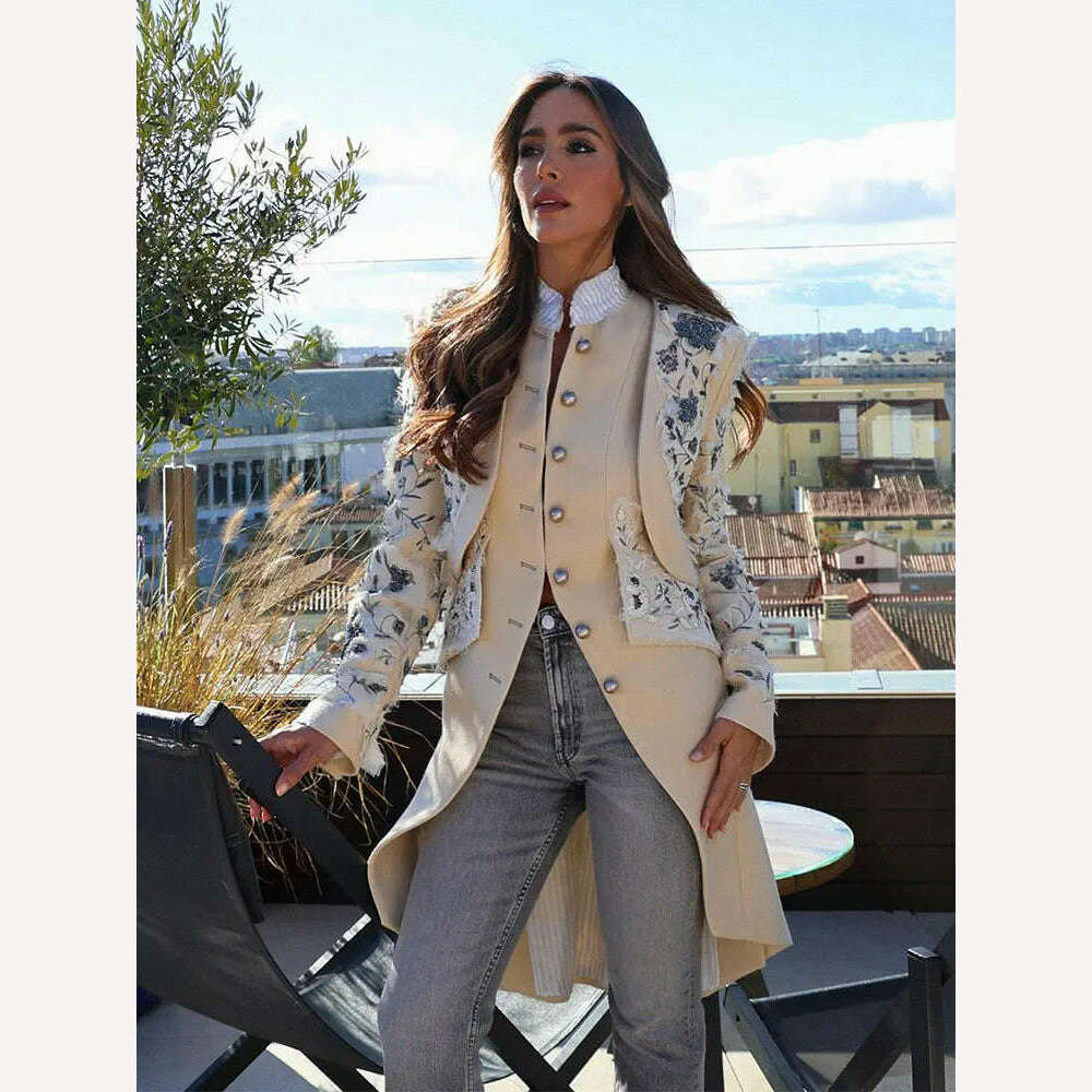 KIMLUD, Vintage Embroidery Single Breasted Coat For Women Fashion Stand Collar Long Sleeve Jacket Female Elegant High Street Overcoat, KIMLUD Womens Clothes