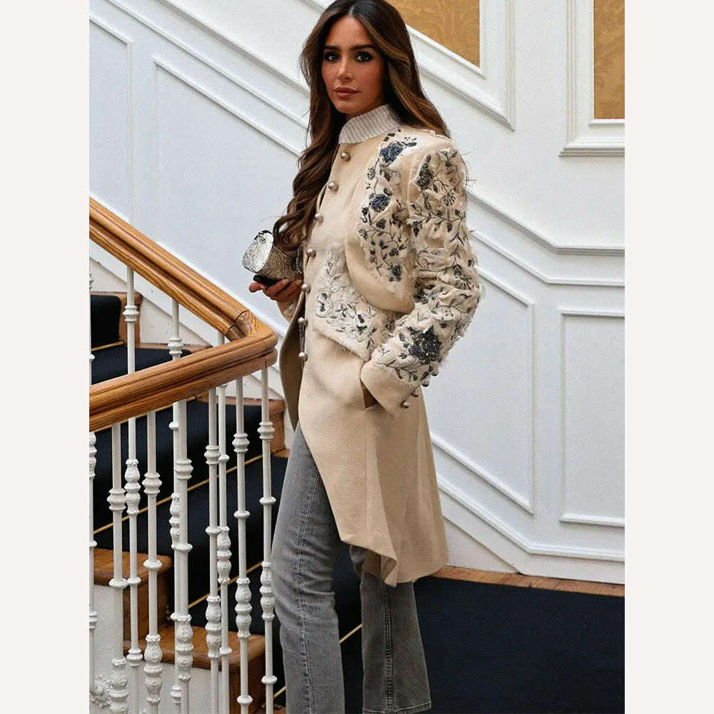 KIMLUD, Vintage Embroidery Single Breasted Coat For Women Fashion Stand Collar Long Sleeve Jacket Female Elegant High Street Overcoat, KIMLUD Womens Clothes