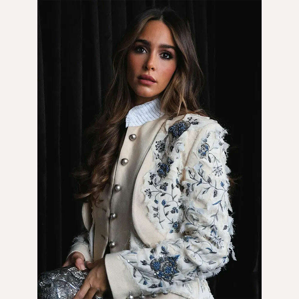 KIMLUD, Vintage Embroidery Single Breasted Coat For Women Fashion Stand Collar Long Sleeve Jacket Female Elegant High Street Overcoat, KIMLUD Womens Clothes