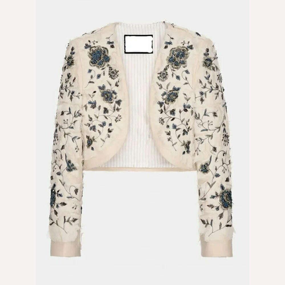 KIMLUD, Vintage Embroidery Single Breasted Coat For Women Fashion Stand Collar Long Sleeve Jacket Female Elegant High Street Overcoat, Ivory / XS, KIMLUD APPAREL - Womens Clothes