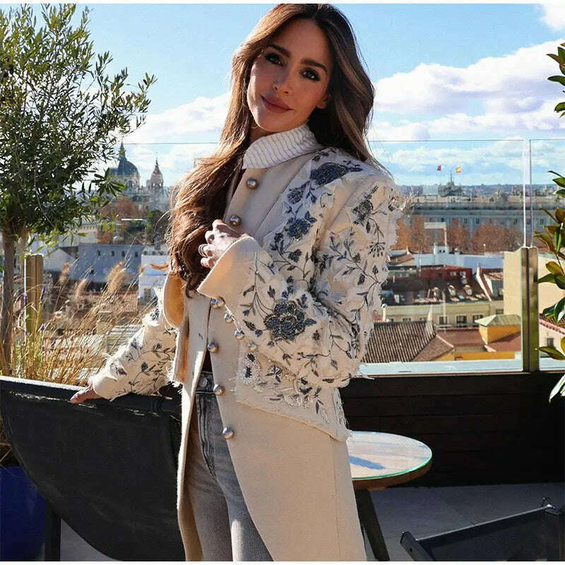 KIMLUD, Vintage Embroidery Single Breasted Coat For Women Fashion Stand Collar Long Sleeve Jacket Female Elegant High Street Overcoat, KIMLUD Womens Clothes