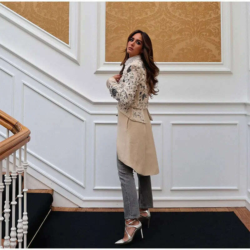 KIMLUD, Vintage Embroidery Single Breasted Coat For Women Fashion Stand Collar Long Sleeve Jacket Female Elegant High Street Overcoat, KIMLUD Womens Clothes