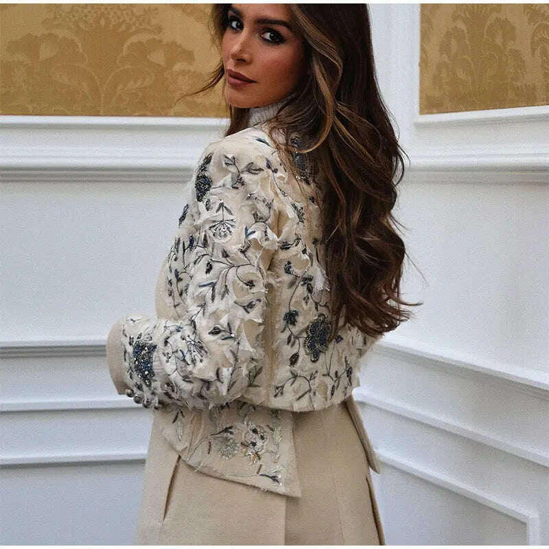 KIMLUD, Vintage Embroidery Single Breasted Coat For Women Fashion Stand Collar Long Sleeve Jacket Female Elegant High Street Overcoat, KIMLUD Womens Clothes
