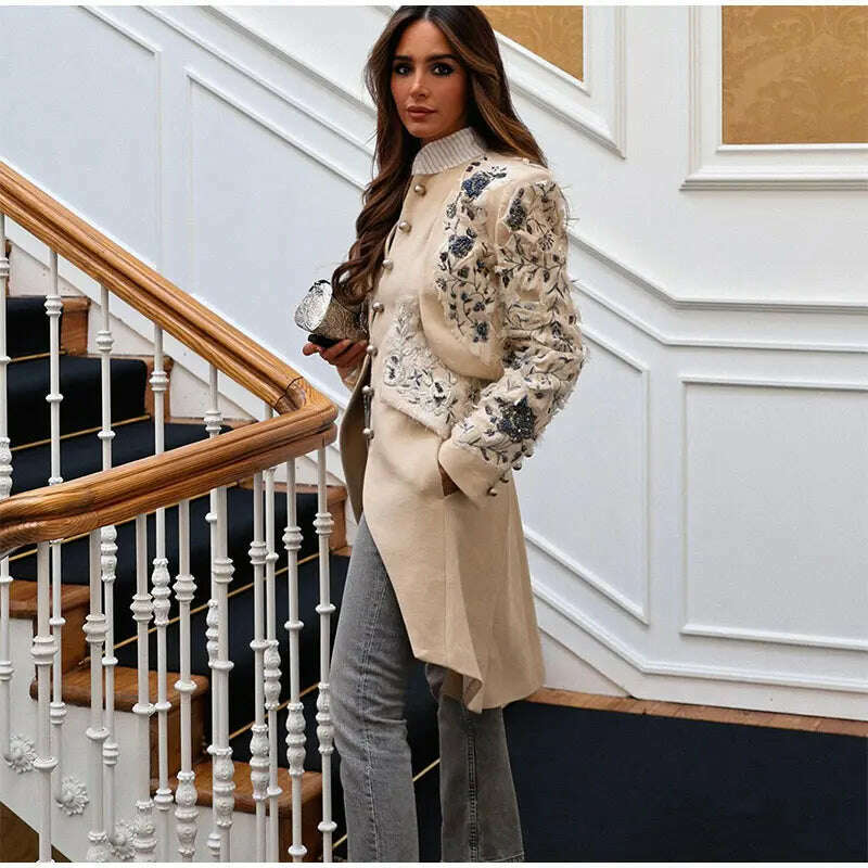 KIMLUD, Vintage Embroidery Single Breasted Coat For Women Fashion Stand Collar Long Sleeve Jacket Female Elegant High Street Overcoat, KIMLUD Womens Clothes