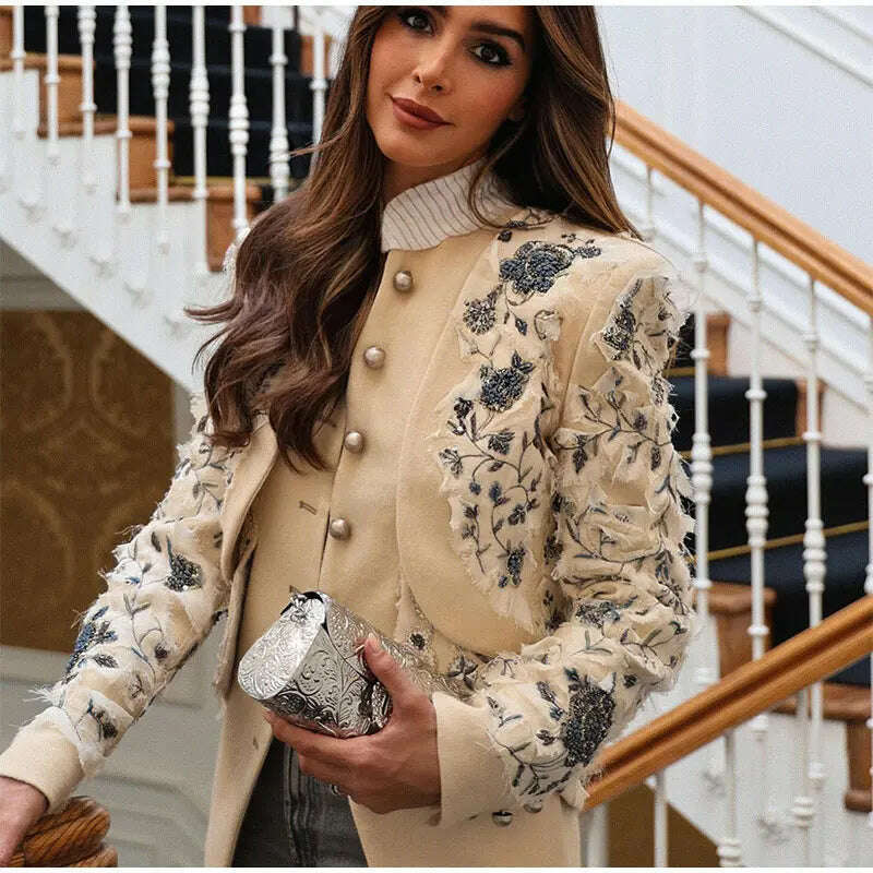 KIMLUD, Vintage Embroidery Single Breasted Coat For Women Fashion Stand Collar Long Sleeve Jacket Female Elegant High Street Overcoat, KIMLUD Womens Clothes