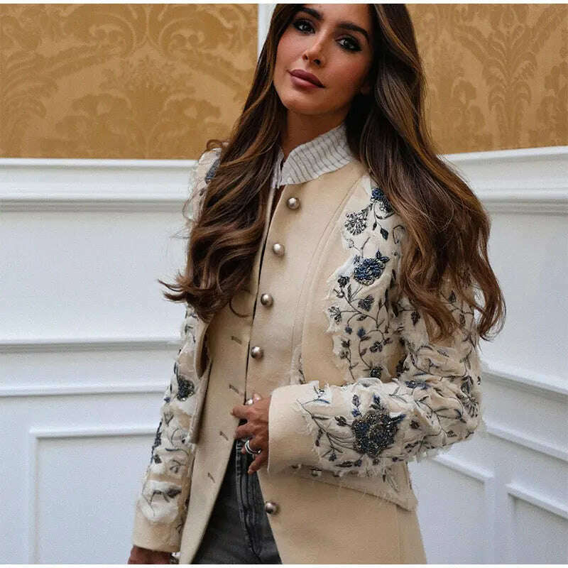 KIMLUD, Vintage Embroidery Single Breasted Coat For Women Fashion Stand Collar Long Sleeve Jacket Female Elegant High Street Overcoat, KIMLUD Womens Clothes