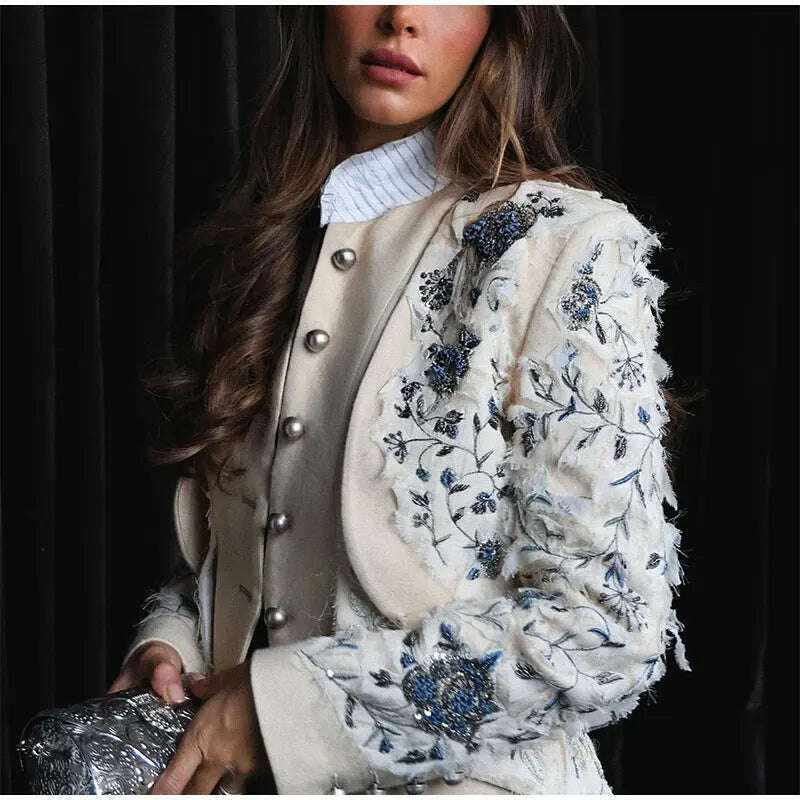 KIMLUD, Vintage Embroidery Single Breasted Coat For Women Fashion Stand Collar Long Sleeve Jacket Female Elegant High Street Overcoat, KIMLUD Womens Clothes
