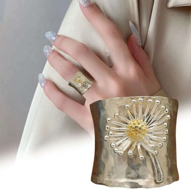 KIMLUD, Vintage Engraving Dandelion Flower Wide Silver Color Ring for Womens Collection Antique Rings Fashion Jewelry Anillo De Mujer, KIMLUD Womens Clothes
