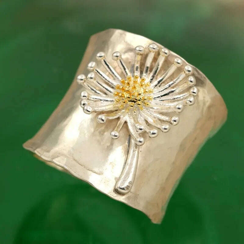 KIMLUD, Vintage Engraving Dandelion Flower Wide Silver Color Ring for Womens Collection Antique Rings Fashion Jewelry Anillo De Mujer, 6 / Ring, KIMLUD APPAREL - Womens Clothes