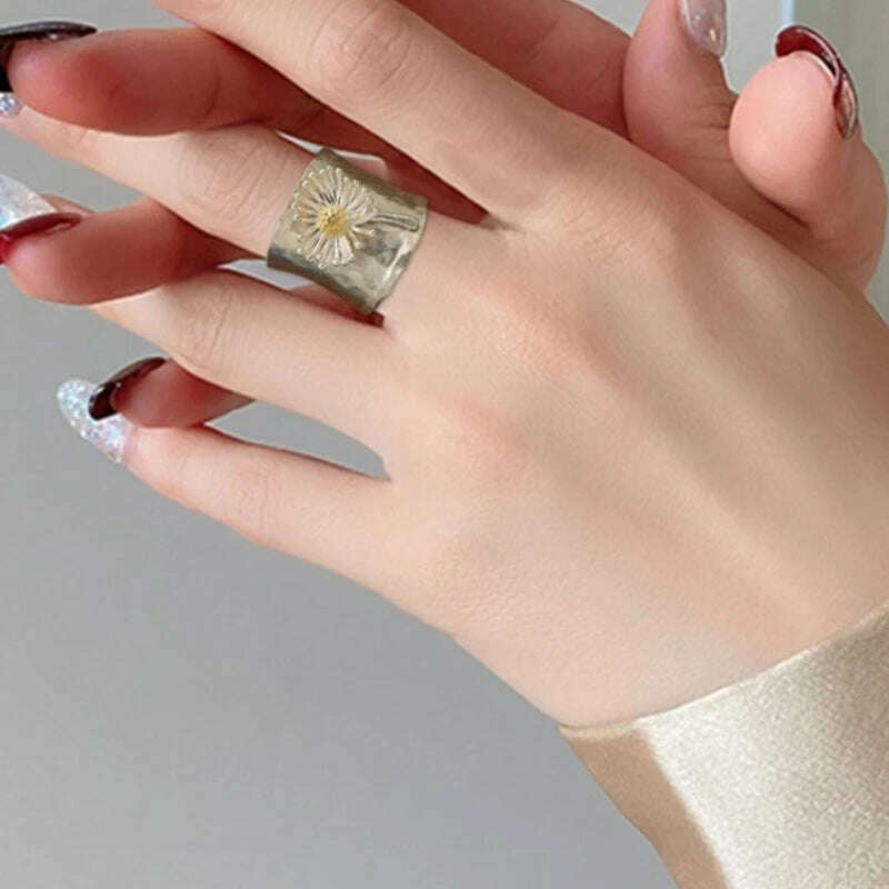 KIMLUD, Vintage Engraving Dandelion Flower Wide Silver Color Ring for Womens Collection Antique Rings Fashion Jewelry Anillo De Mujer, KIMLUD Womens Clothes