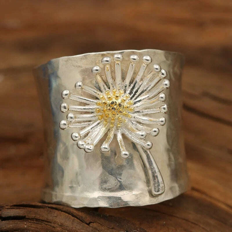 KIMLUD, Vintage Engraving Dandelion Flower Wide Silver Color Ring for Womens Collection Antique Rings Fashion Jewelry Anillo De Mujer, KIMLUD Womens Clothes