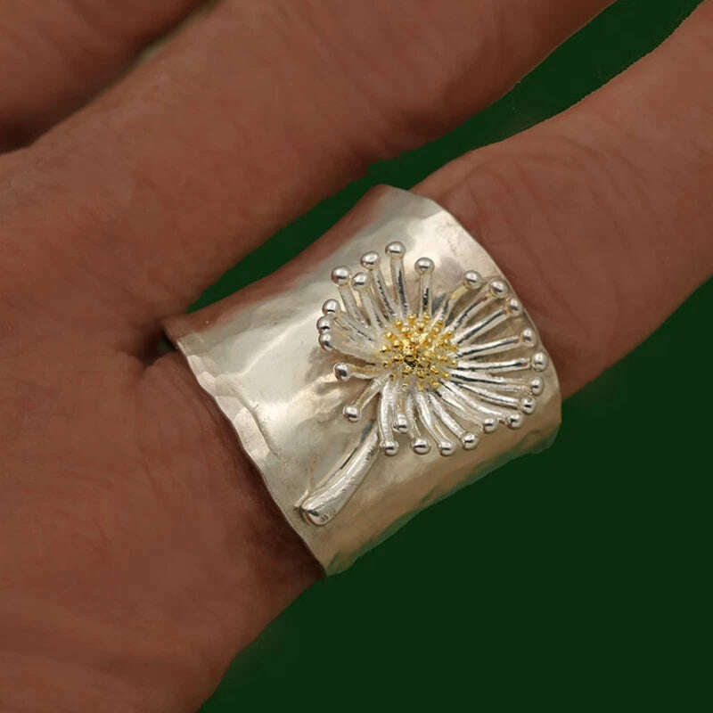 KIMLUD, Vintage Engraving Dandelion Flower Wide Silver Color Ring for Womens Collection Antique Rings Fashion Jewelry Anillo De Mujer, KIMLUD Womens Clothes