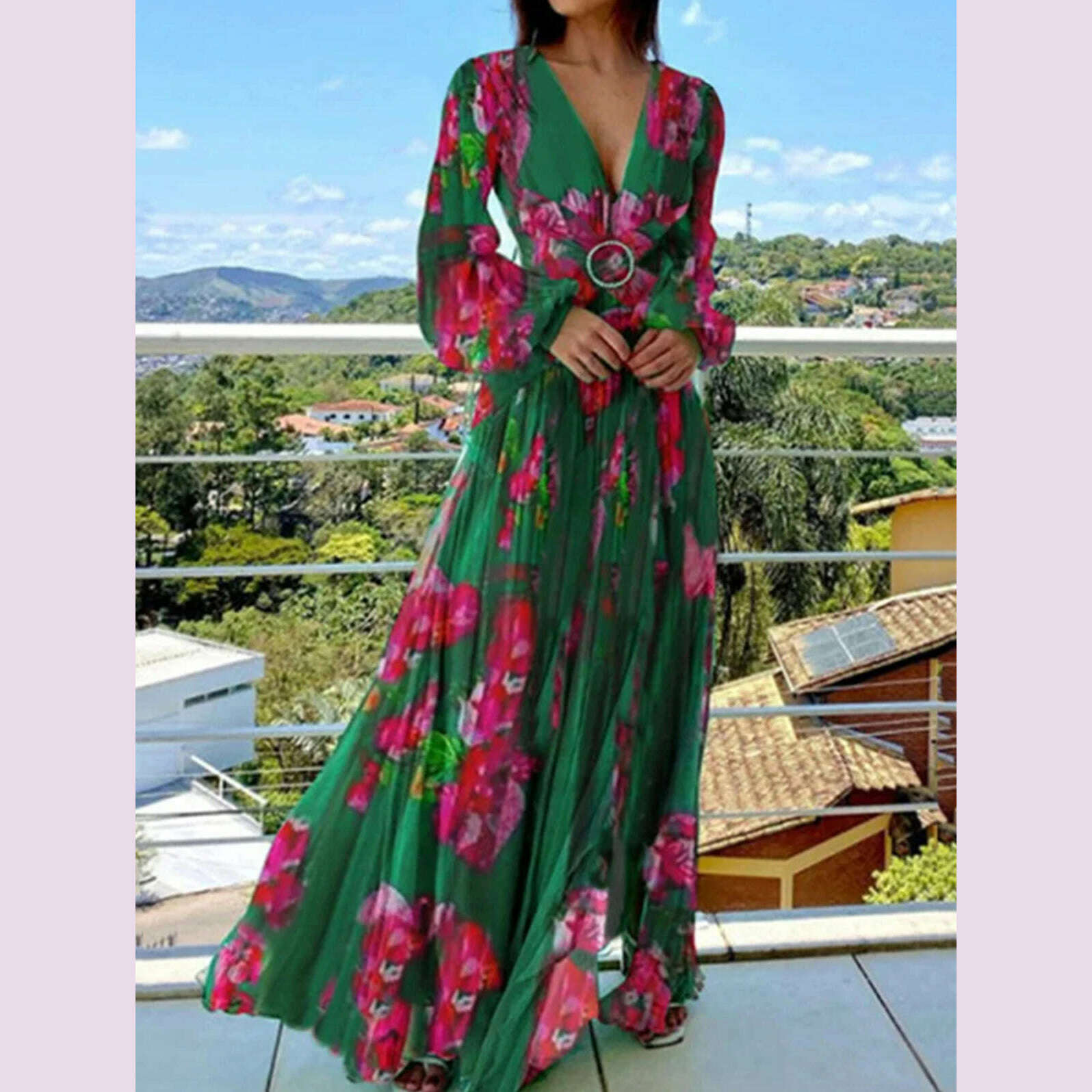 Vintage Floral Print Elegant Dress Puff Sleeve V-Necl Slim Boho Casual Cutout Spring Plus Size Long Dresses for Women 2024 - KIMLUD