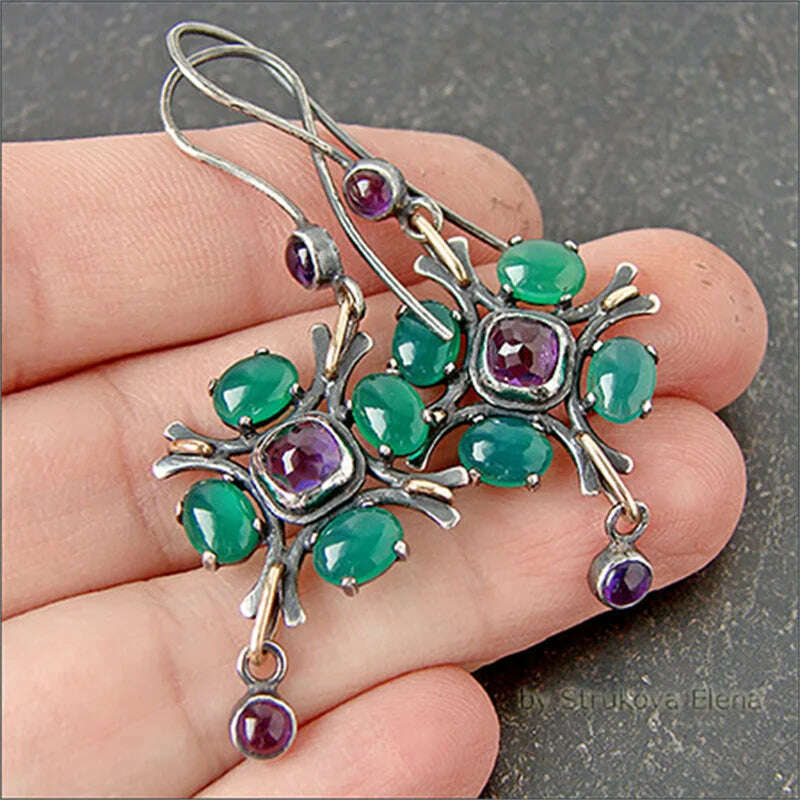 KIMLUD, Vintage Flower Geometry Green Purple Stone Earrings Gold Silver Color Earrings for Women Wedding Engagement Jewelry, KIMLUD Womens Clothes