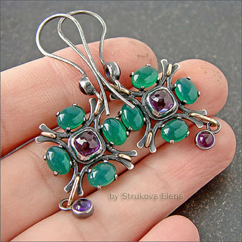 KIMLUD, Vintage Flower Geometry Green Purple Stone Earrings Gold Silver Color Earrings for Women Wedding Engagement Jewelry, KIMLUD Womens Clothes