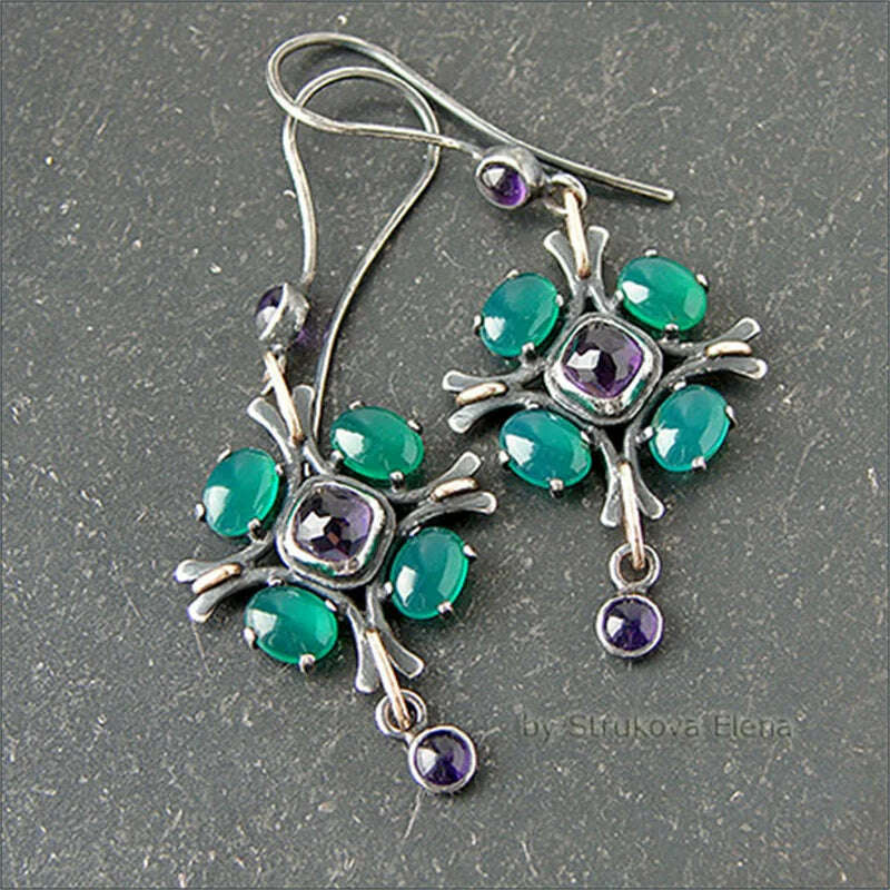 KIMLUD, Vintage Flower Geometry Green Purple Stone Earrings Gold Silver Color Earrings for Women Wedding Engagement Jewelry, KIMLUD Womens Clothes